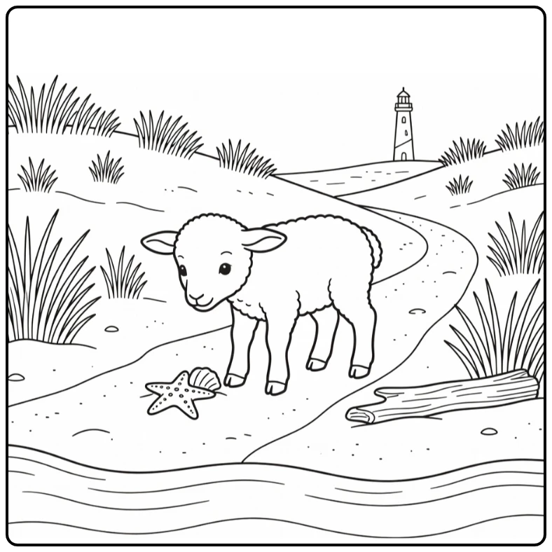 Cute lamb coloring page sniffing starfish shell on sandy dunes