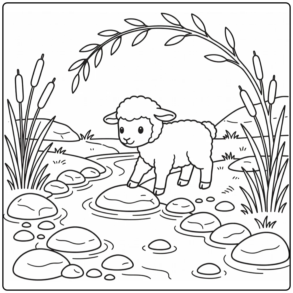 Cute lamb coloring page stepping on stone in shallow brook