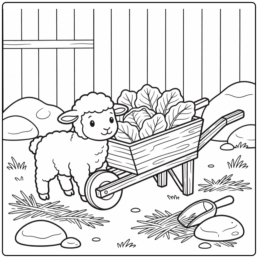 Cute lamb coloring page with wheelbarrow and cabbages