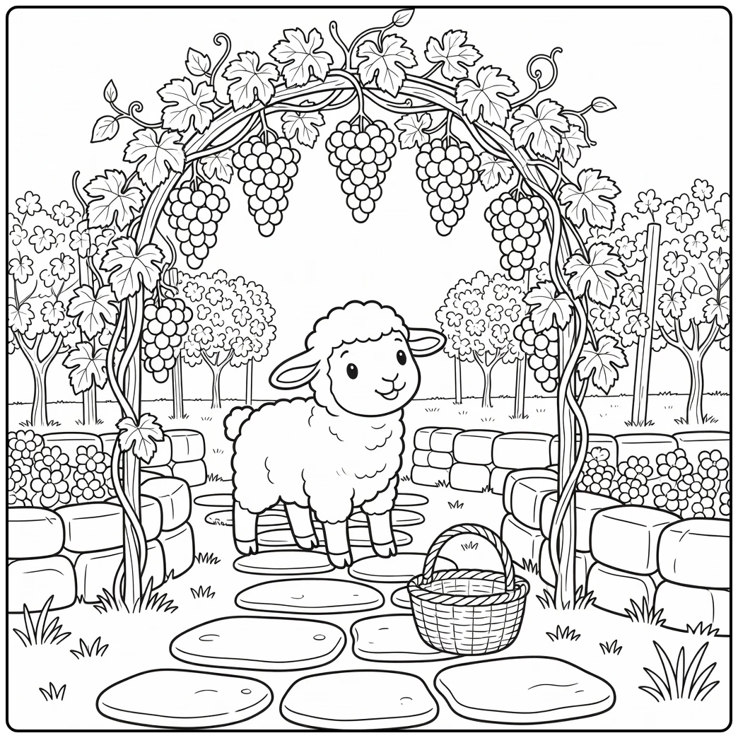 Lamb coloring page showing playful lamb in vineyard scene