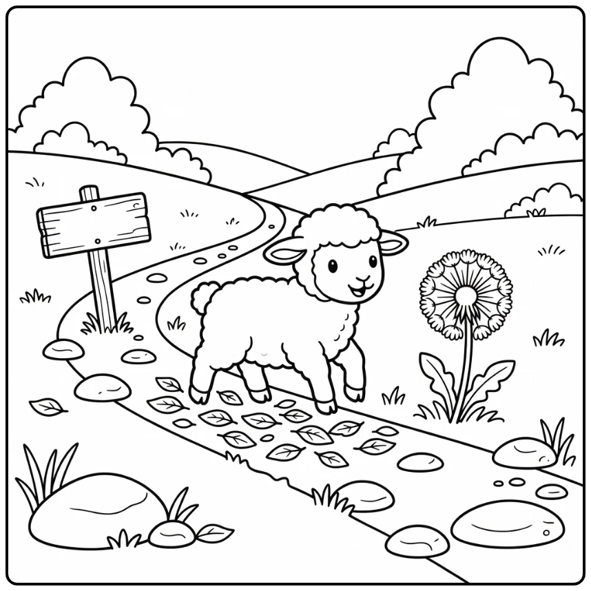 Lamb coloring page hopping over leaves in meadow