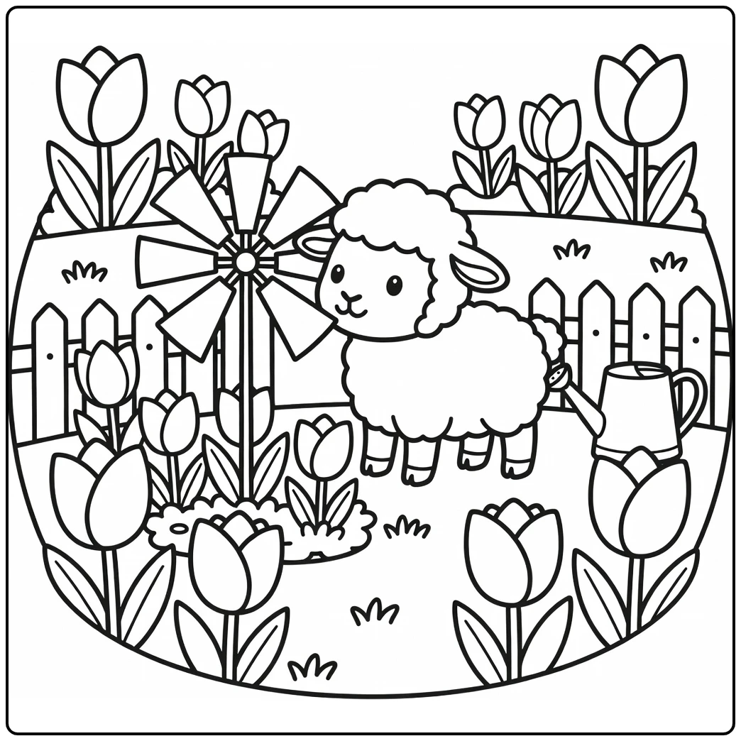 Cute lamb coloring page in cheerful tulip spring garden