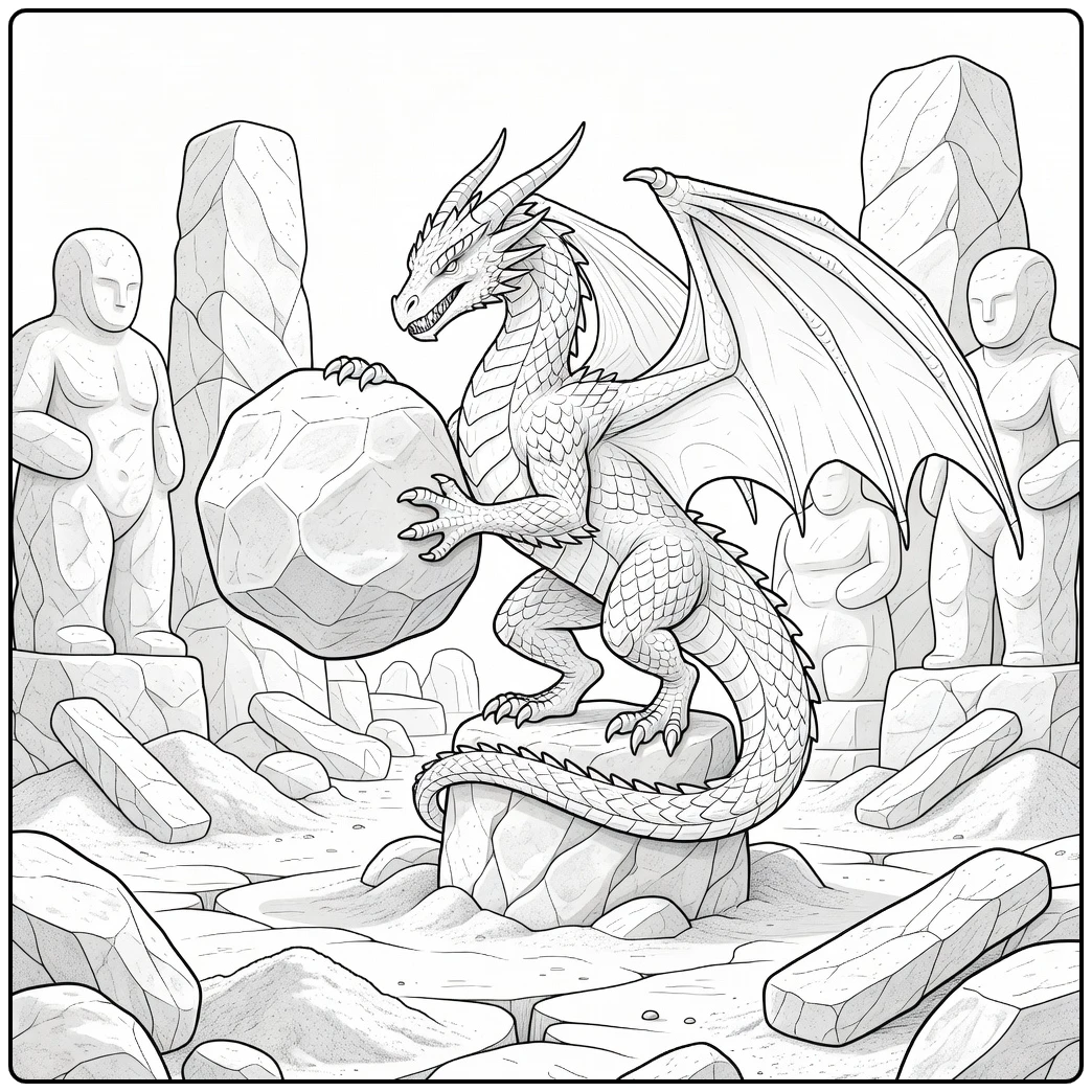 Lava dragon coloring page lifting massive boulder in volcanic field