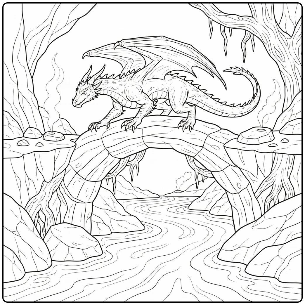 Lava dragon coloring page: crawling on stone arch over lava river
