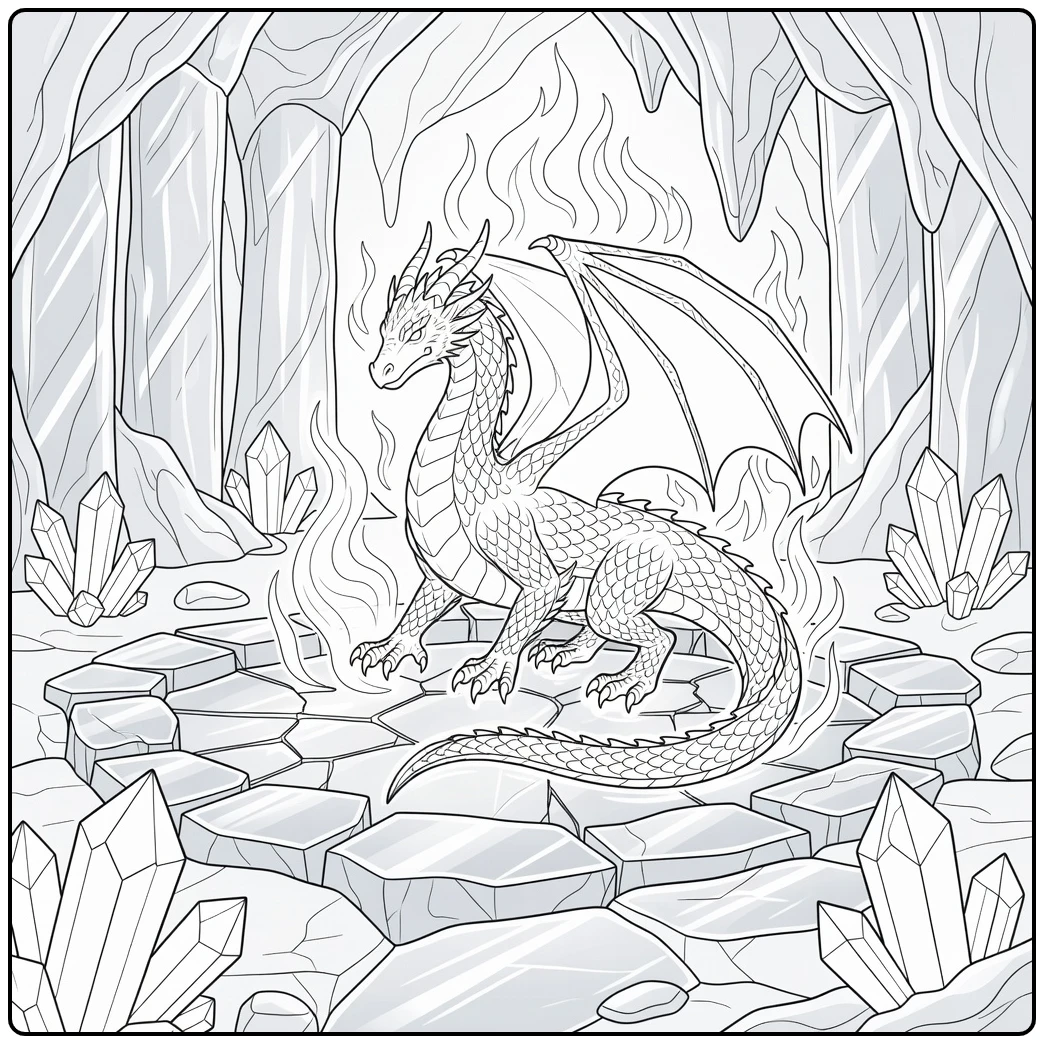 Lava dragon coloring page emerging from obsidian pool in cavern