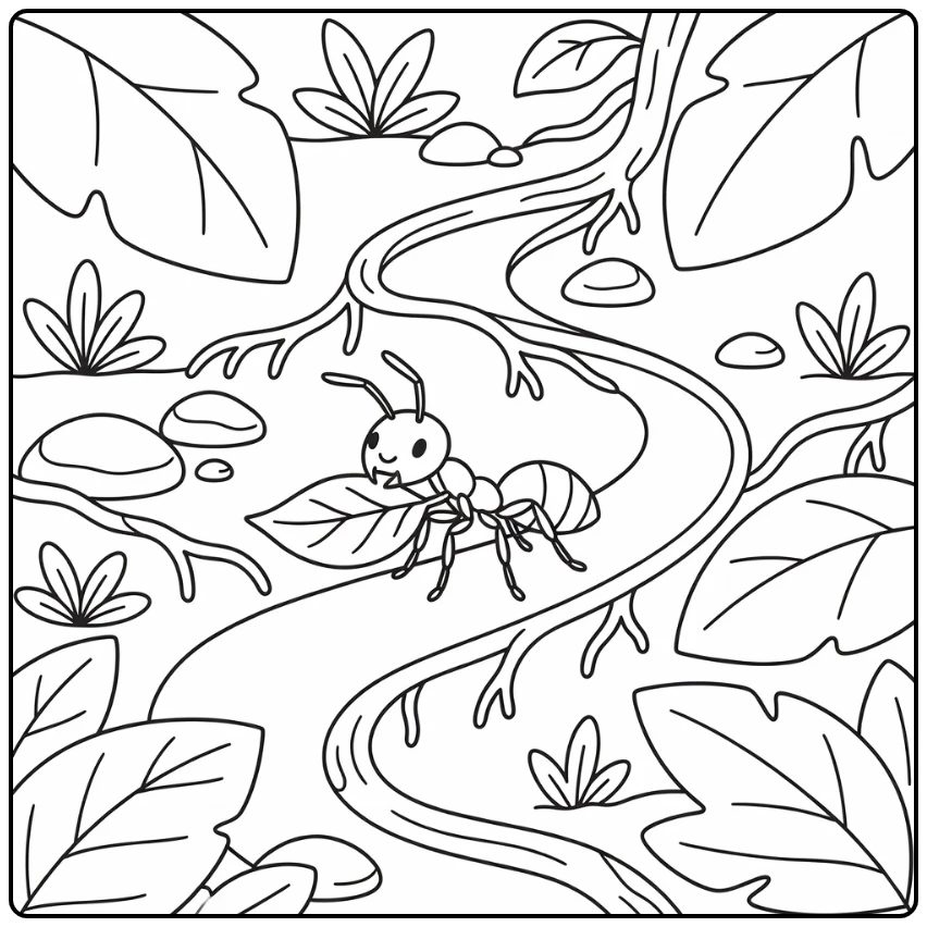 Jungle animals coloring page: leafcutter ant with leaf