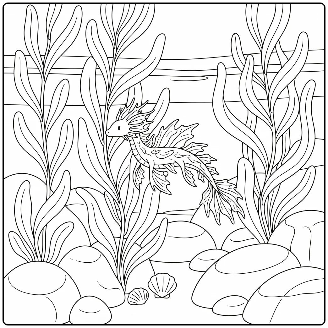 Sea animals coloring page for adults: leafy sea dragon in kelp