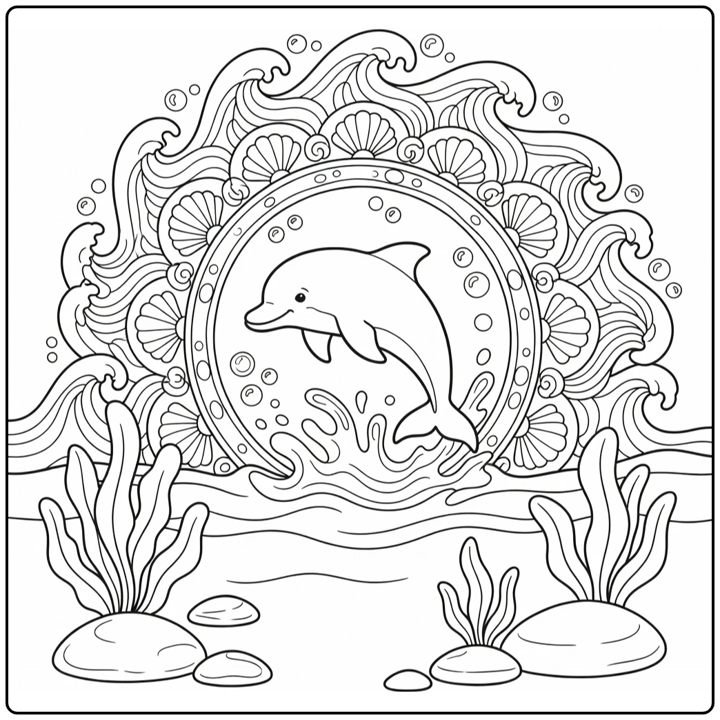 Animal mandala coloring pages: leaping dolphin in ocean splash
