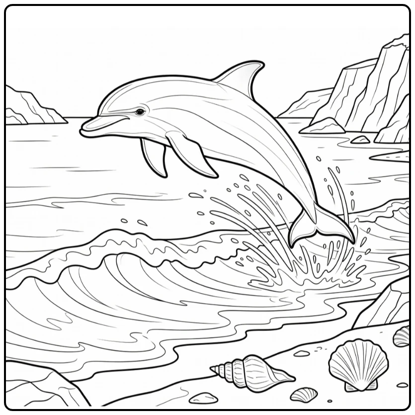 Dolphin leaping waves rocky coast realistic animal coloring page