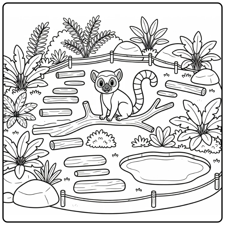 Cute lemur on branch in zoo exhibit, zoo coloring page
