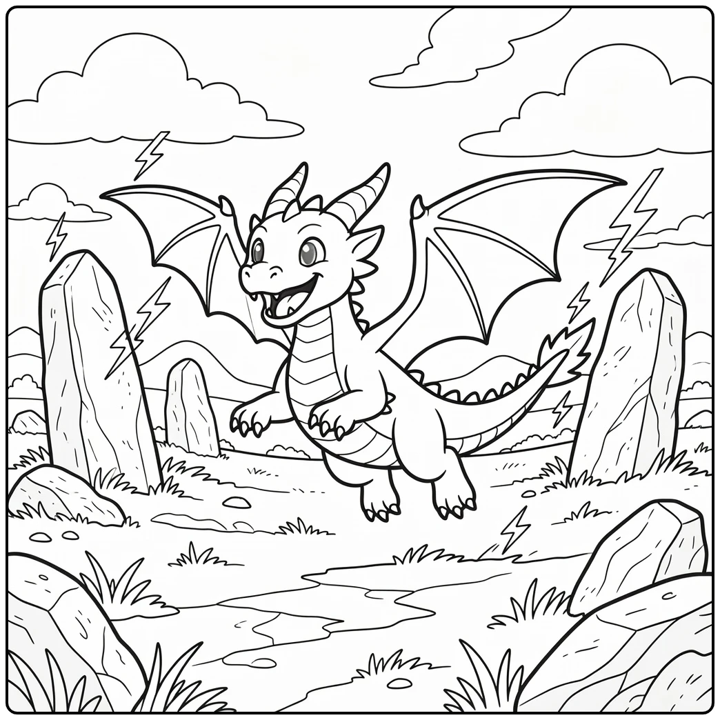 Lightning dragon coloring page leaping between storm stones