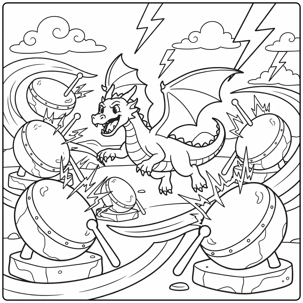 Lightning dragon coloring page racing over thunder drums with bolts