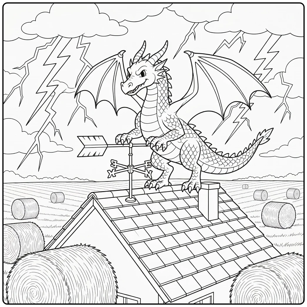 Lightning dragon coloring page gripping weather vane on roof