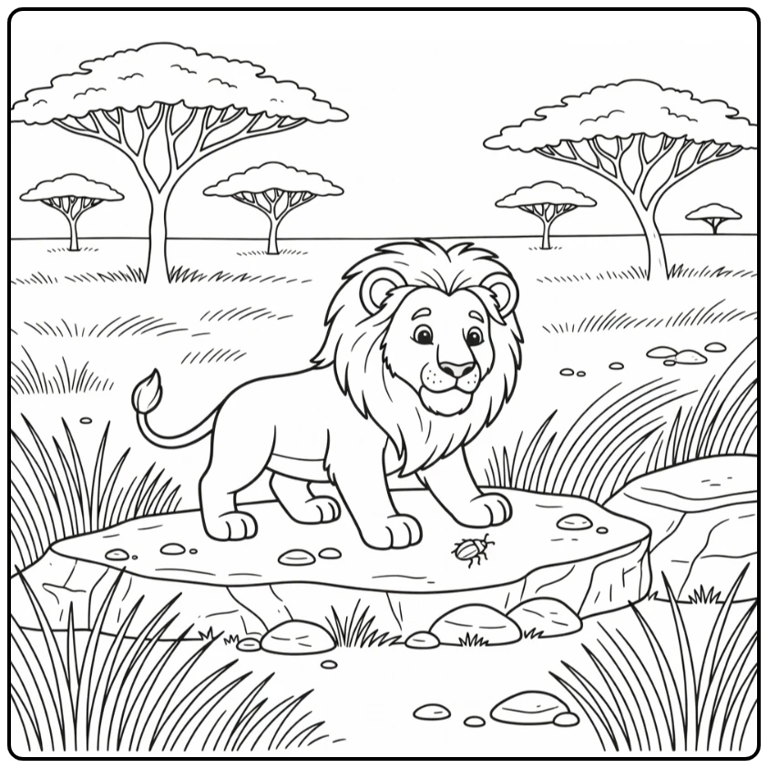 Crouching lion eyes beetle on savanna wild animals coloring page
