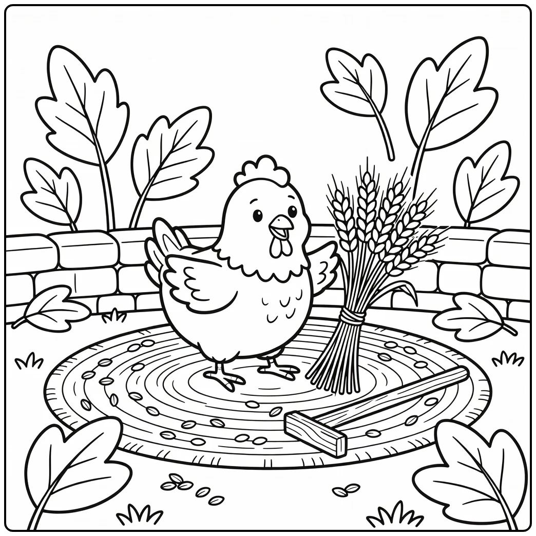 Little red hen coloring page with wheat stalks and flail