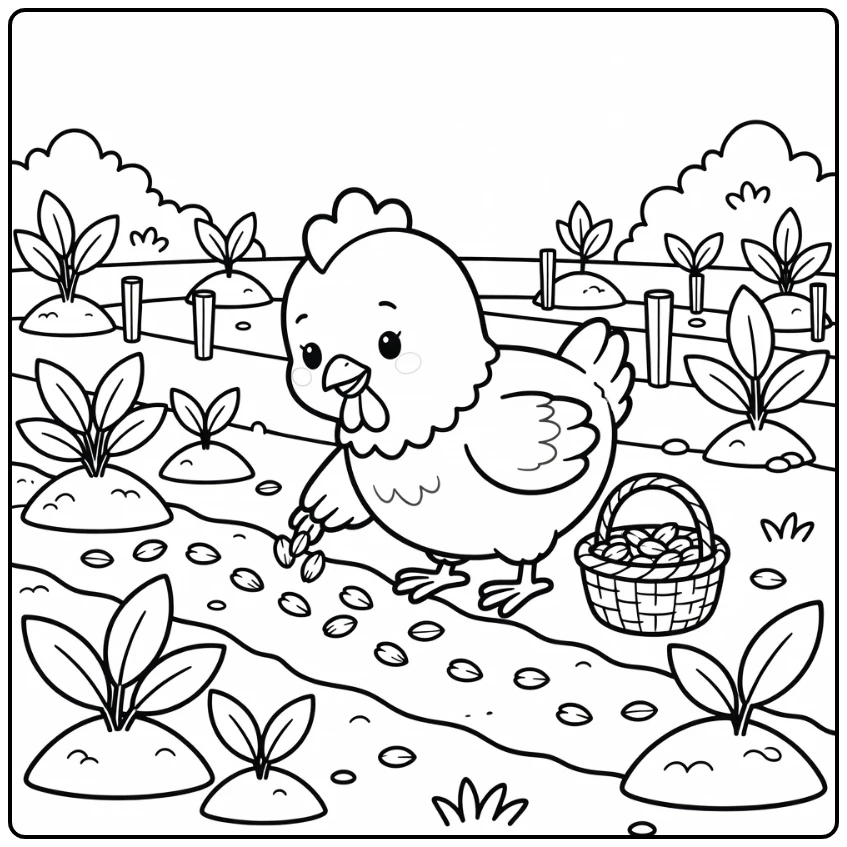 Little red hen coloring page planting wheat in farm garden