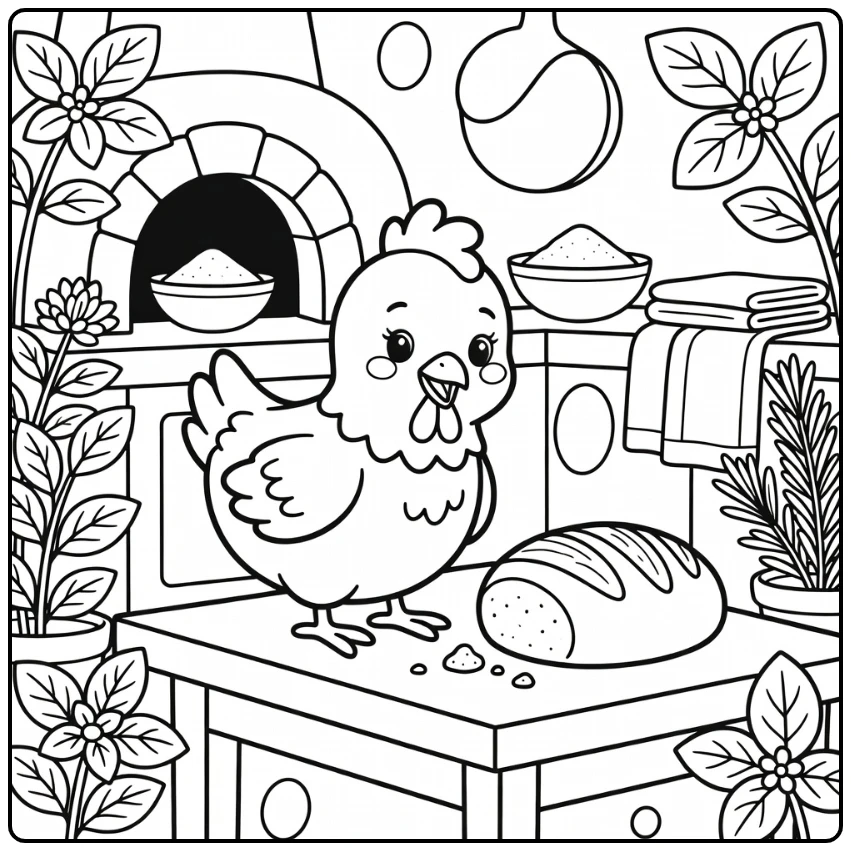 Little red hen coloring page with round loaf and crumbs
