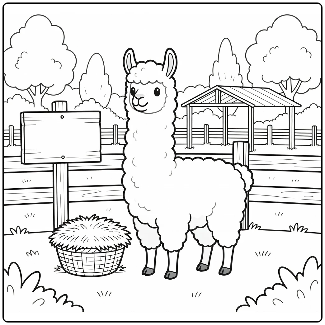 Cute llama by farm signpost farm animal coloring page