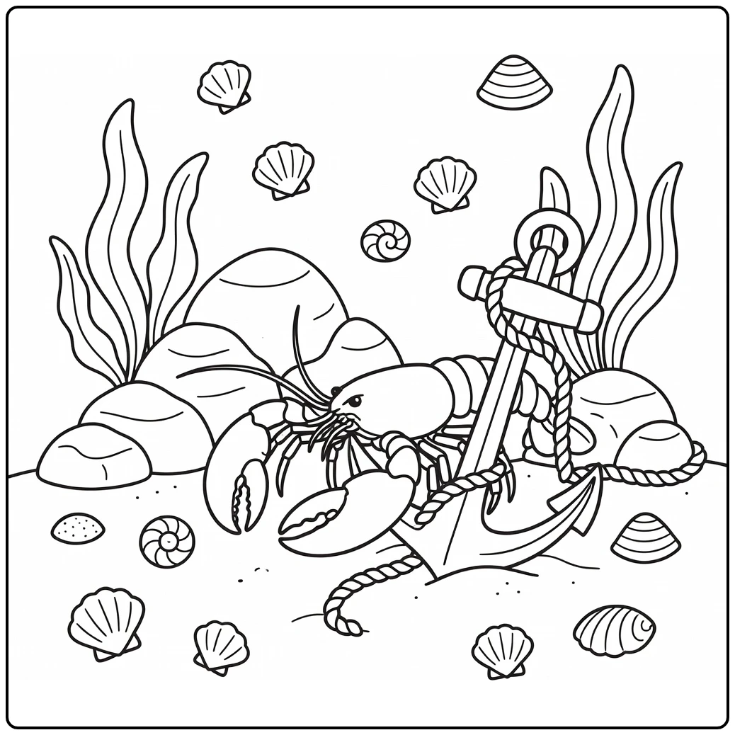 Cute lobster by sunken anchor sea animal coloring page