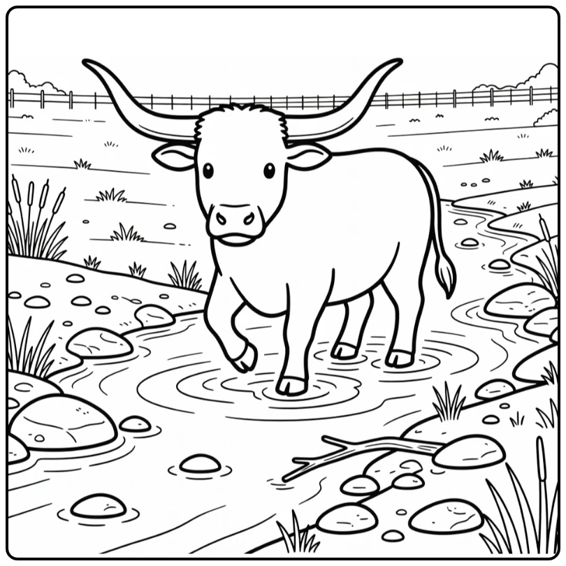 longhorn coloring page bull crossing ranch stream