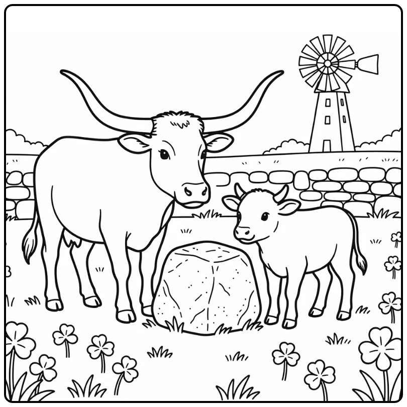 longhorn coloring page with cow guiding calf near salt lick
