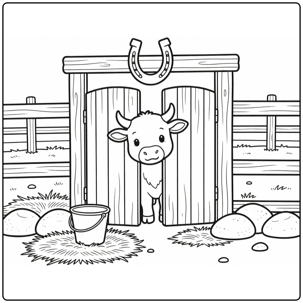 longhorn coloring page of calf peeking through corral gate