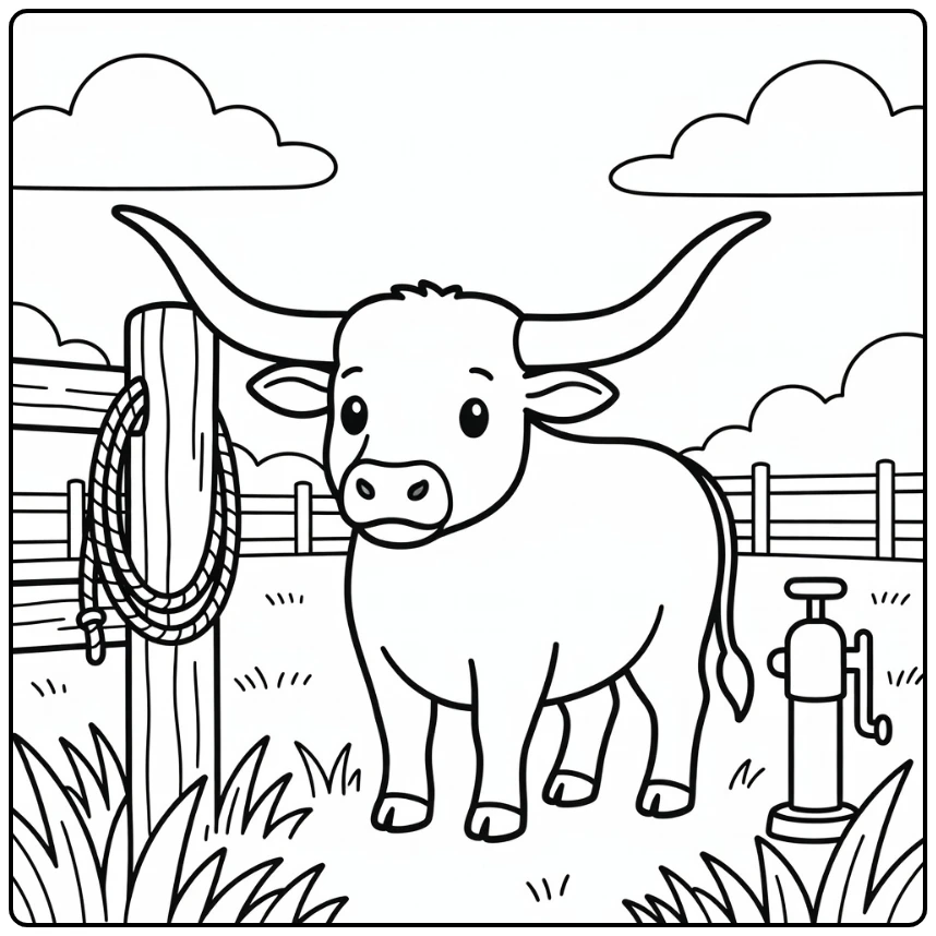 Longhorn coloring page bull rubbing horn on fence post