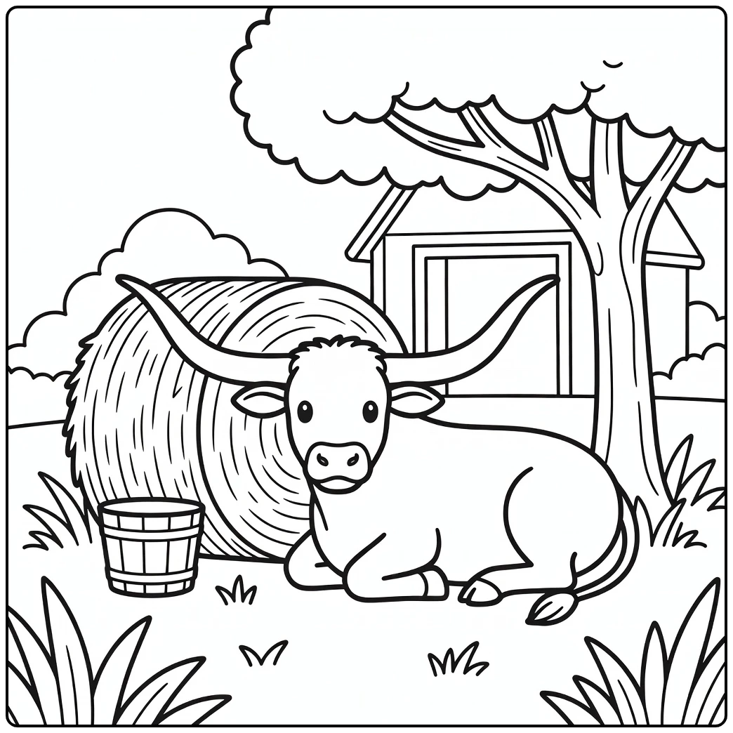 longhorn coloring page with resting cow by hay bale and tree
