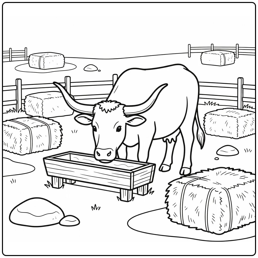 Longhorn coloring page of gentle cow at wooden trough