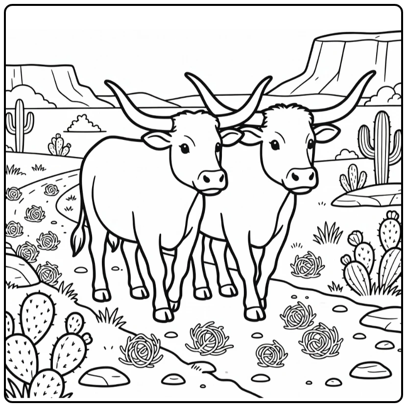 longhorn coloring page with two cattle on dusty trail