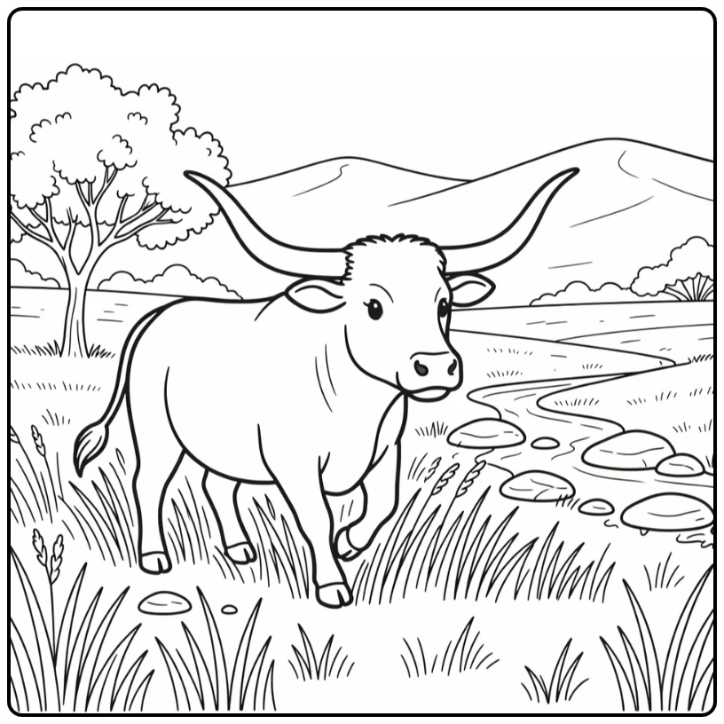 longhorn coloring page with steer in tall grass and hills