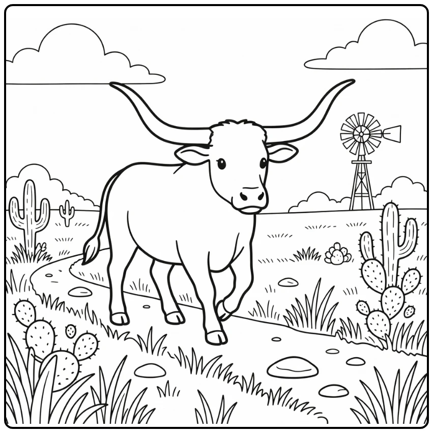 Adorable longhorn coloring page with bull on Texas prairie