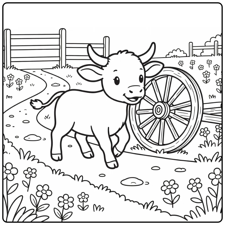 Cute longhorn coloring page of calf trotting near wagon wheel