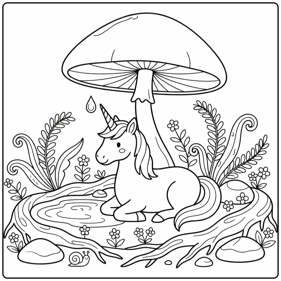 Lying unicorn coloring page under giant mushroom shelter