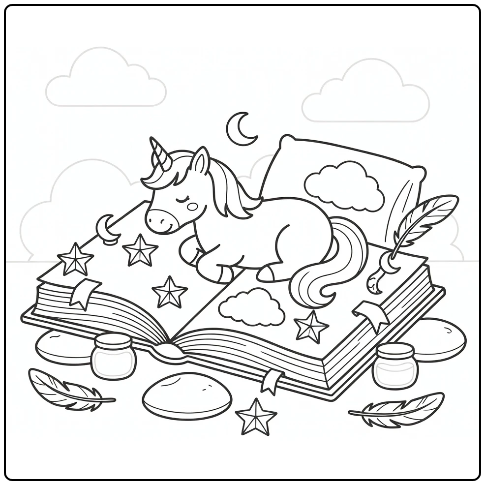 Lying unicorn coloring page on giant storybook with stars