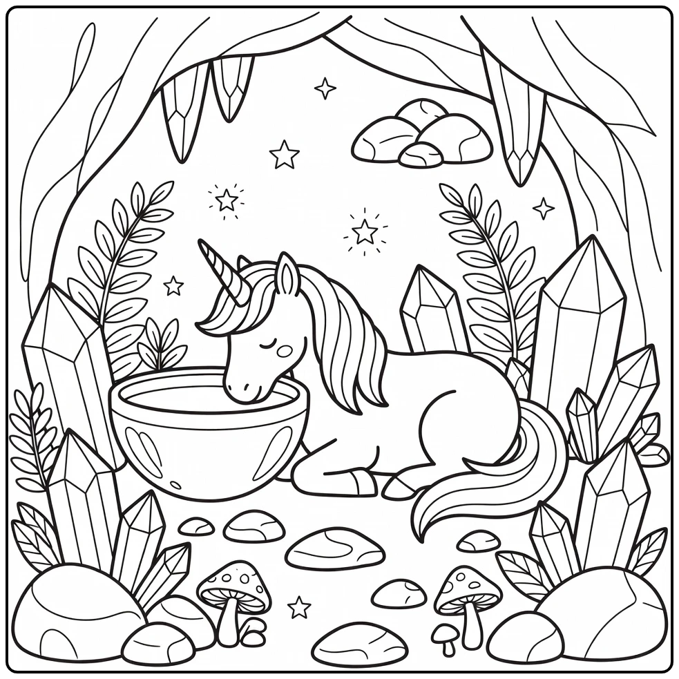 Lying unicorn coloring page: curled by crystal bowl in cave