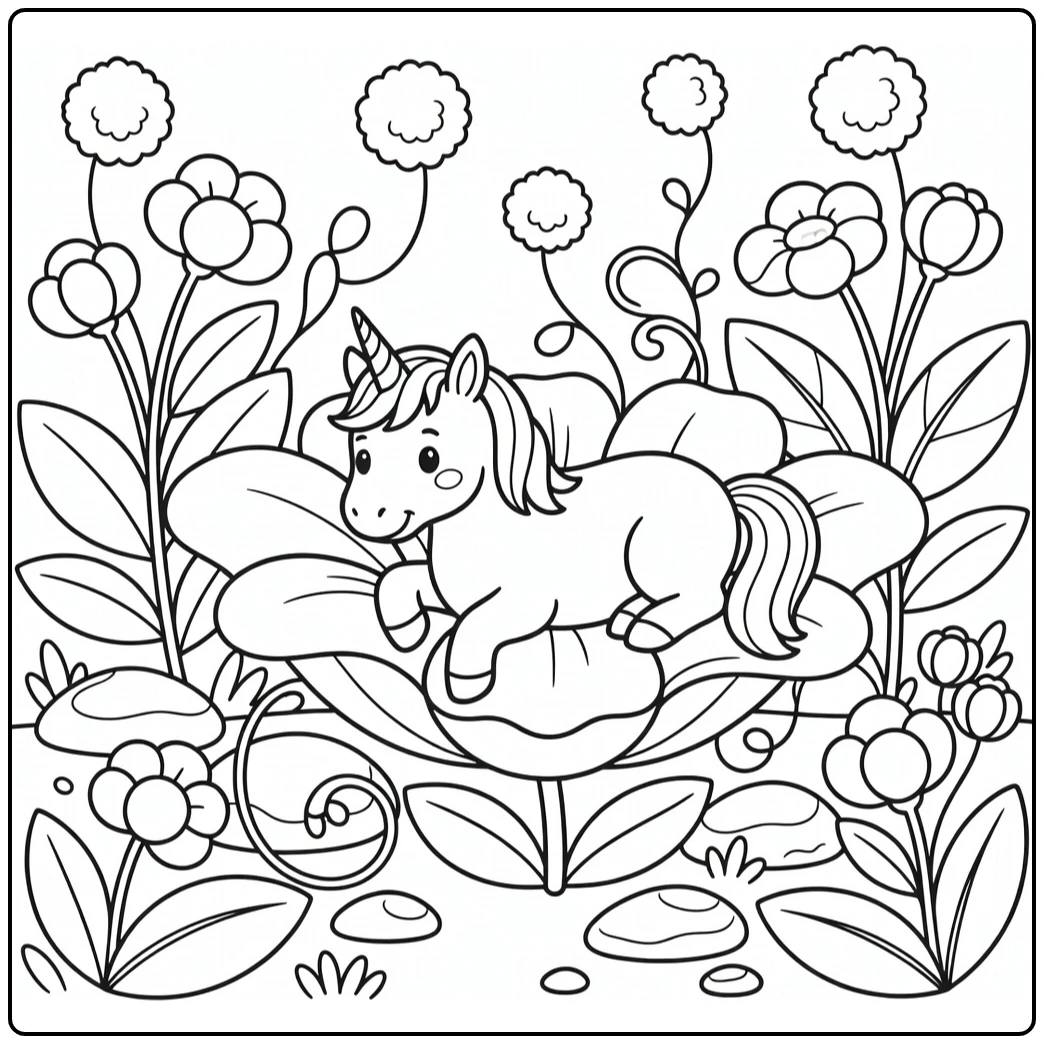 Lying unicorn coloring page on flower petal hammock