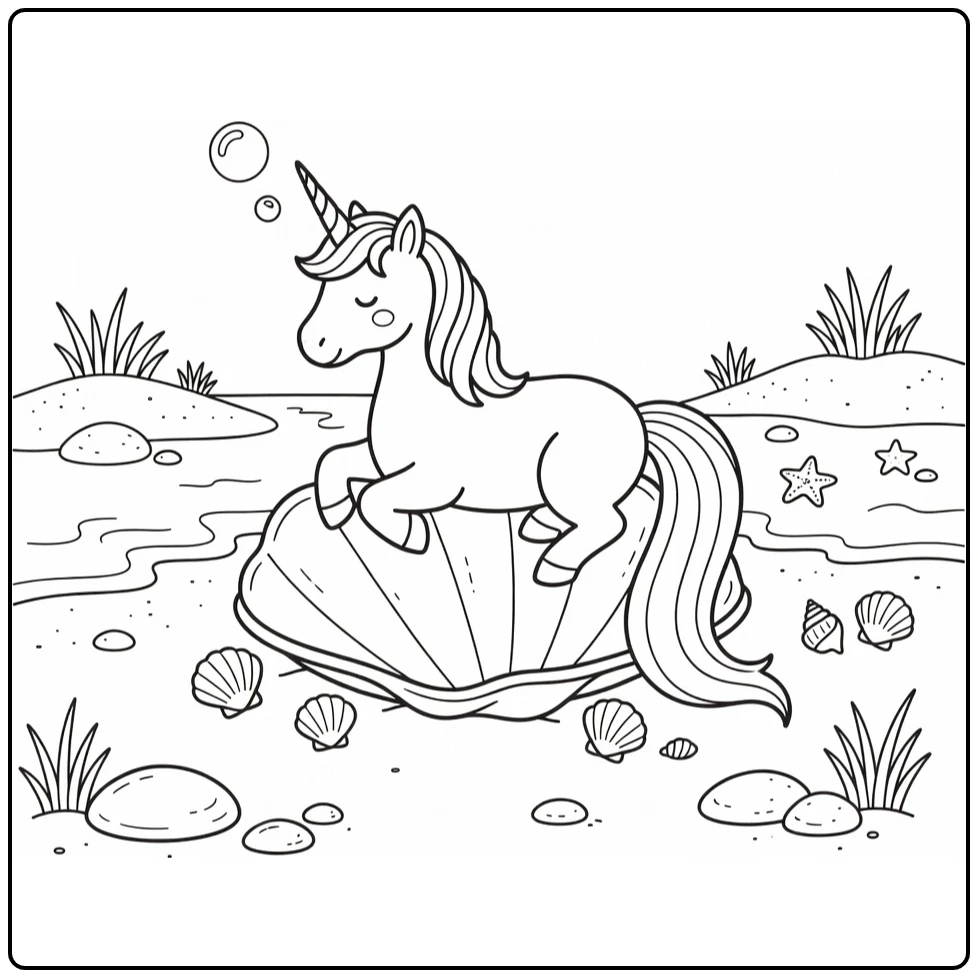Lying unicorn coloring page on beach seashell with bubble