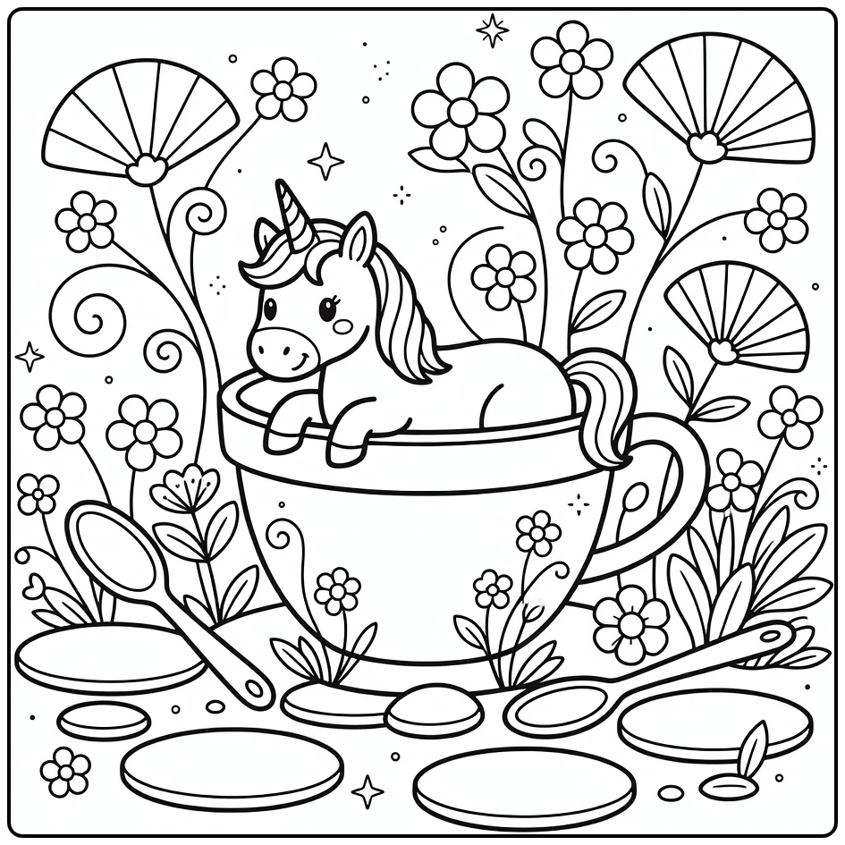 lying unicorn coloring page in teacup flower pot garden