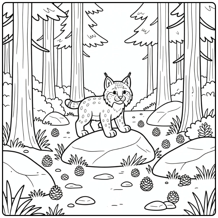 Cute lynx on boulder in pine woods forest animals coloring page