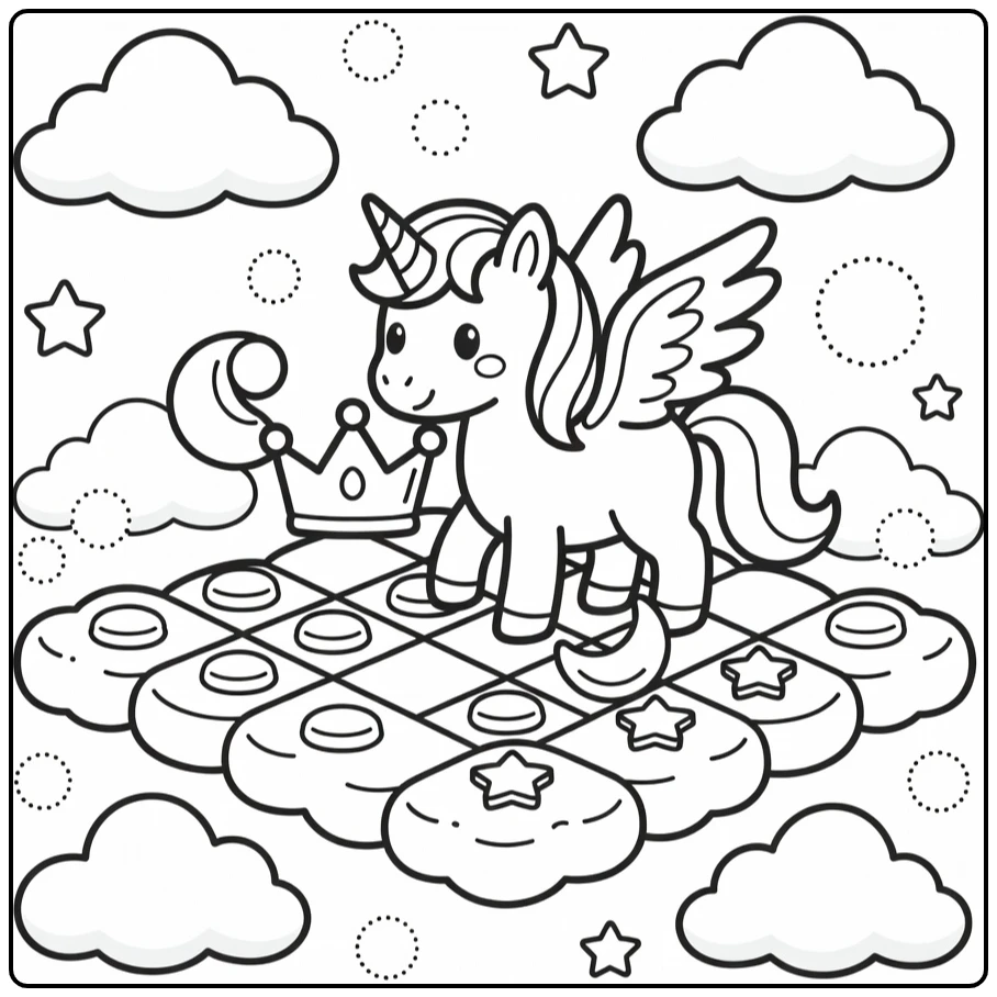 Alicorn coloring page: winged unicorn nudges crown on cloud chessboard