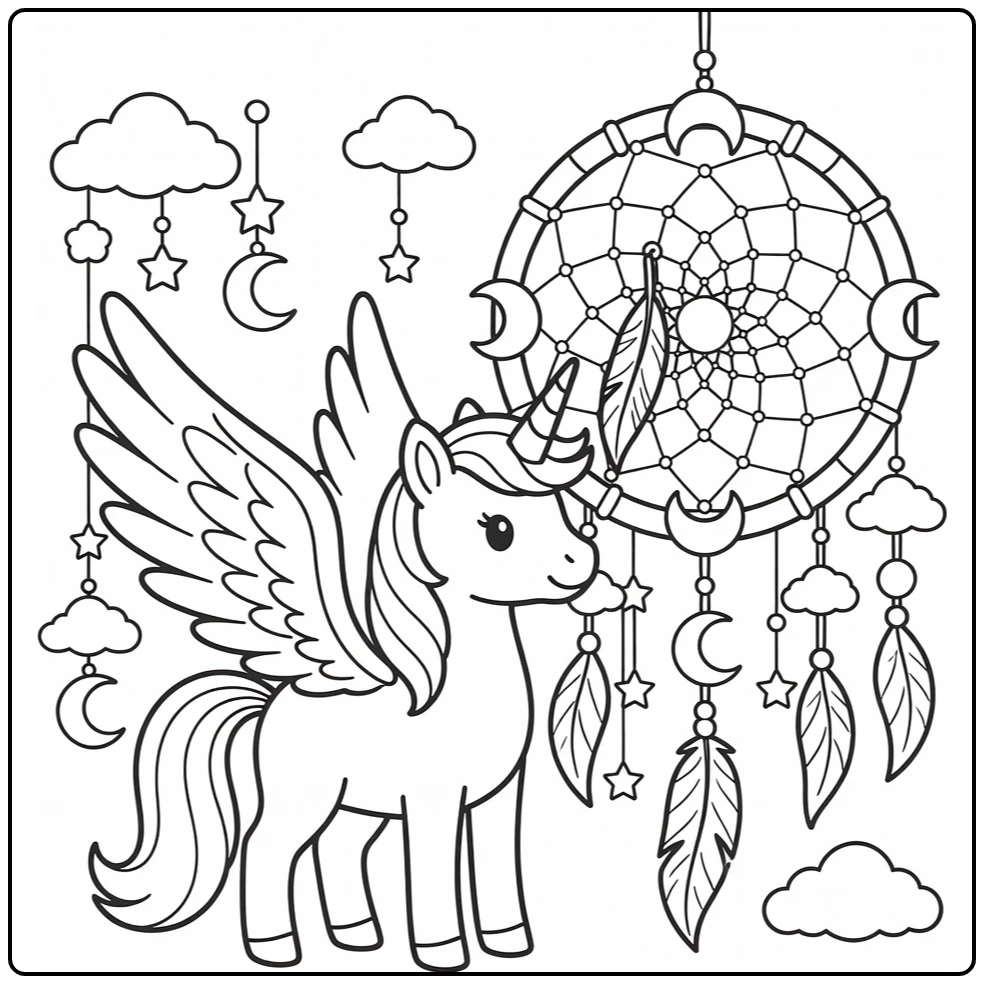 Alicorn coloring page: unicorn lifts dreamcatcher feather