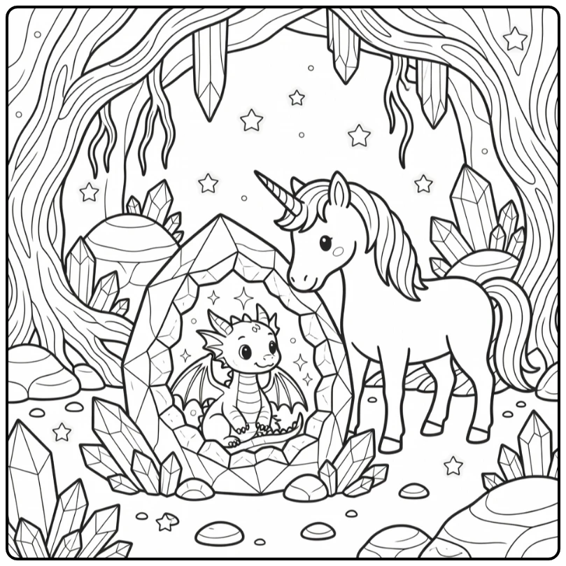 Dragon and unicorn coloring page: baby dragon in geode, unicorn peeks