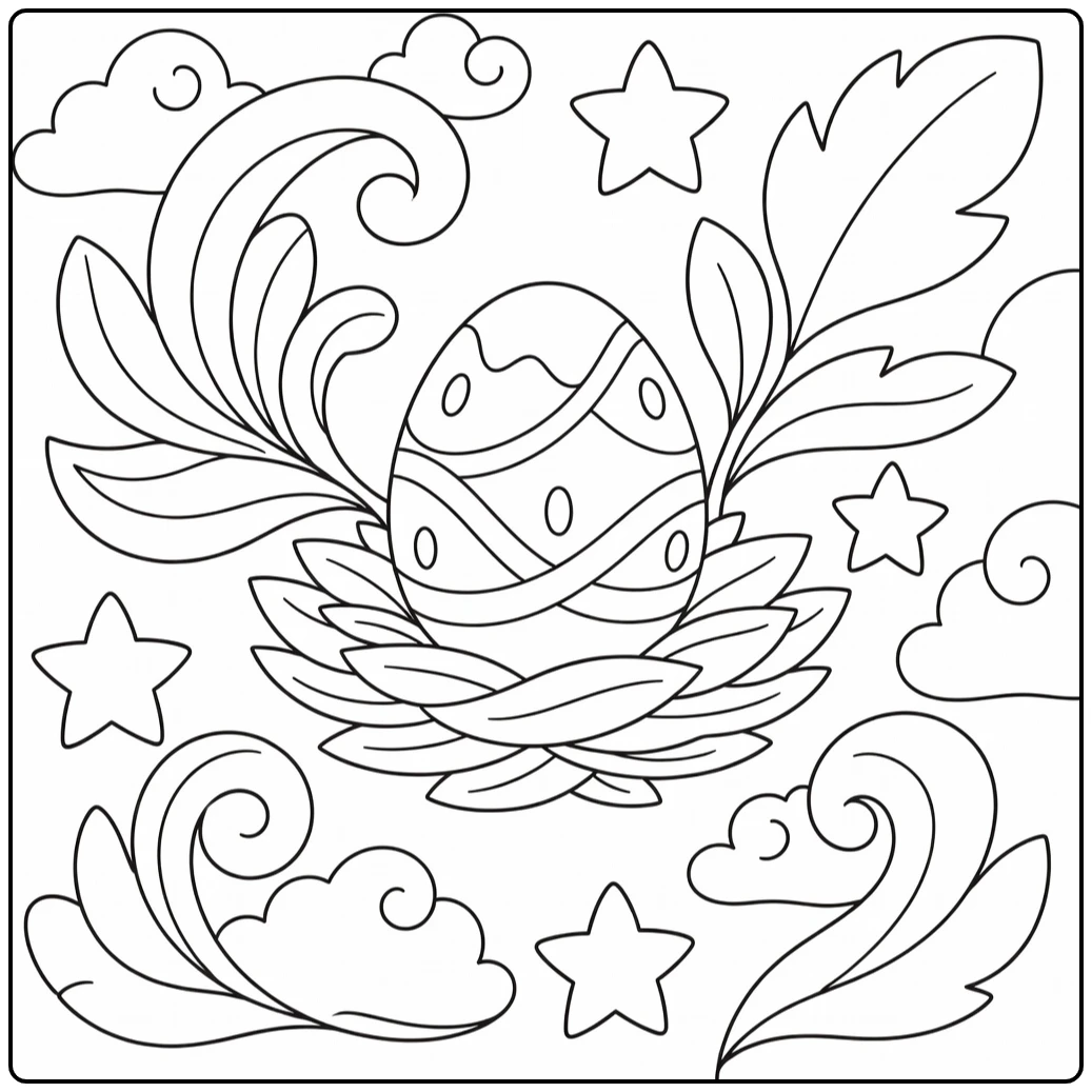 Ornate dragon egg coloring page on floating feather nest