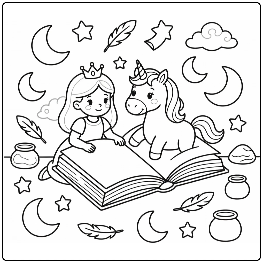 Princess and unicorn coloring page: unicorn steps from storybook