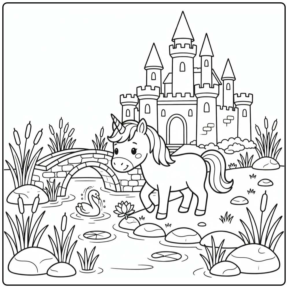 Unicorn leaning to lily at castle moat unicorn and castle coloring page
