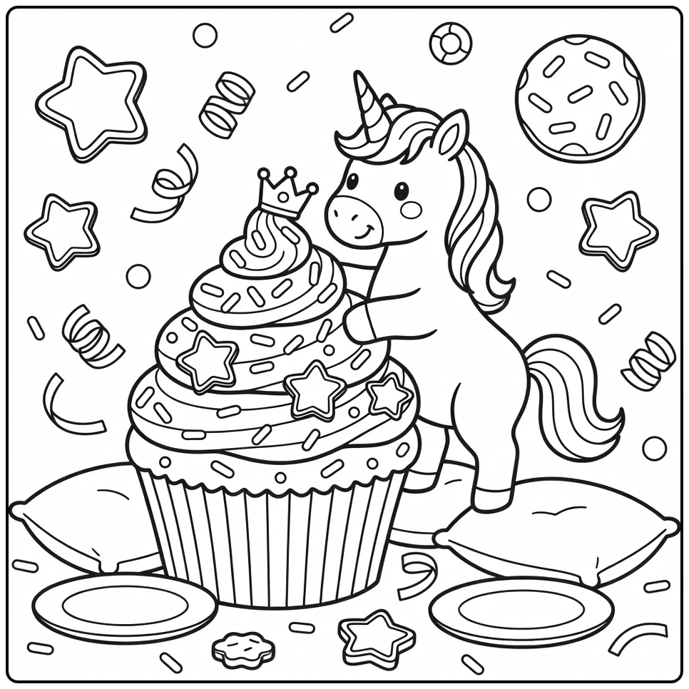 Unicorn topping giant cupcake with crown - unicorn cupcake coloring page