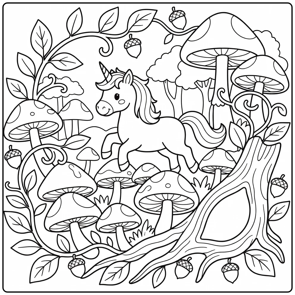 Unicorn leaping over giant mushrooms unicorn coloring pages