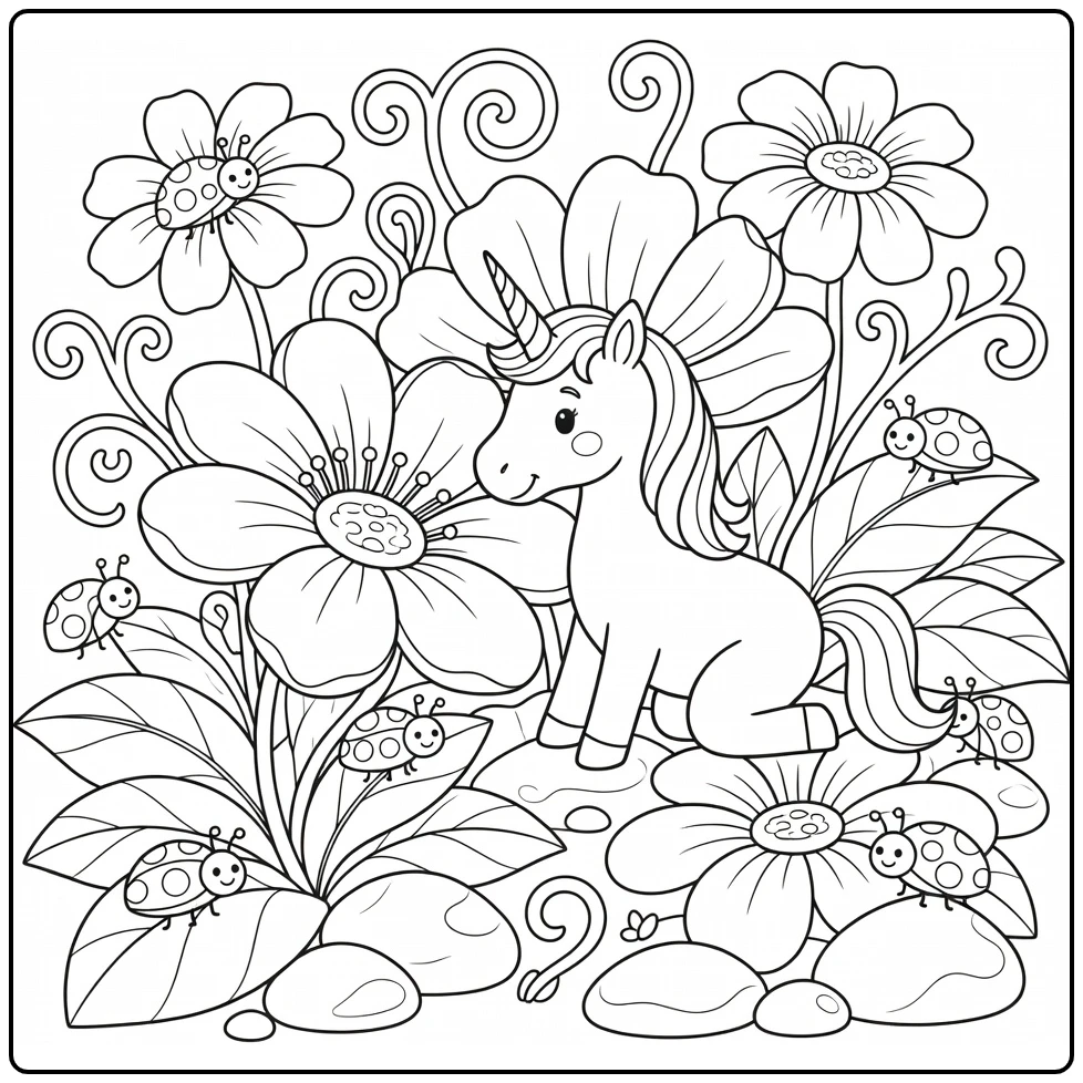 Unicorn kneeling by giant flower with ladybugs unicorn coloring pages