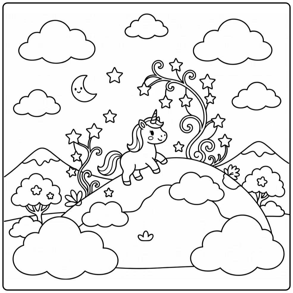 Unicorn climbs cloud hill to hanging stars, unicorn coloring pages